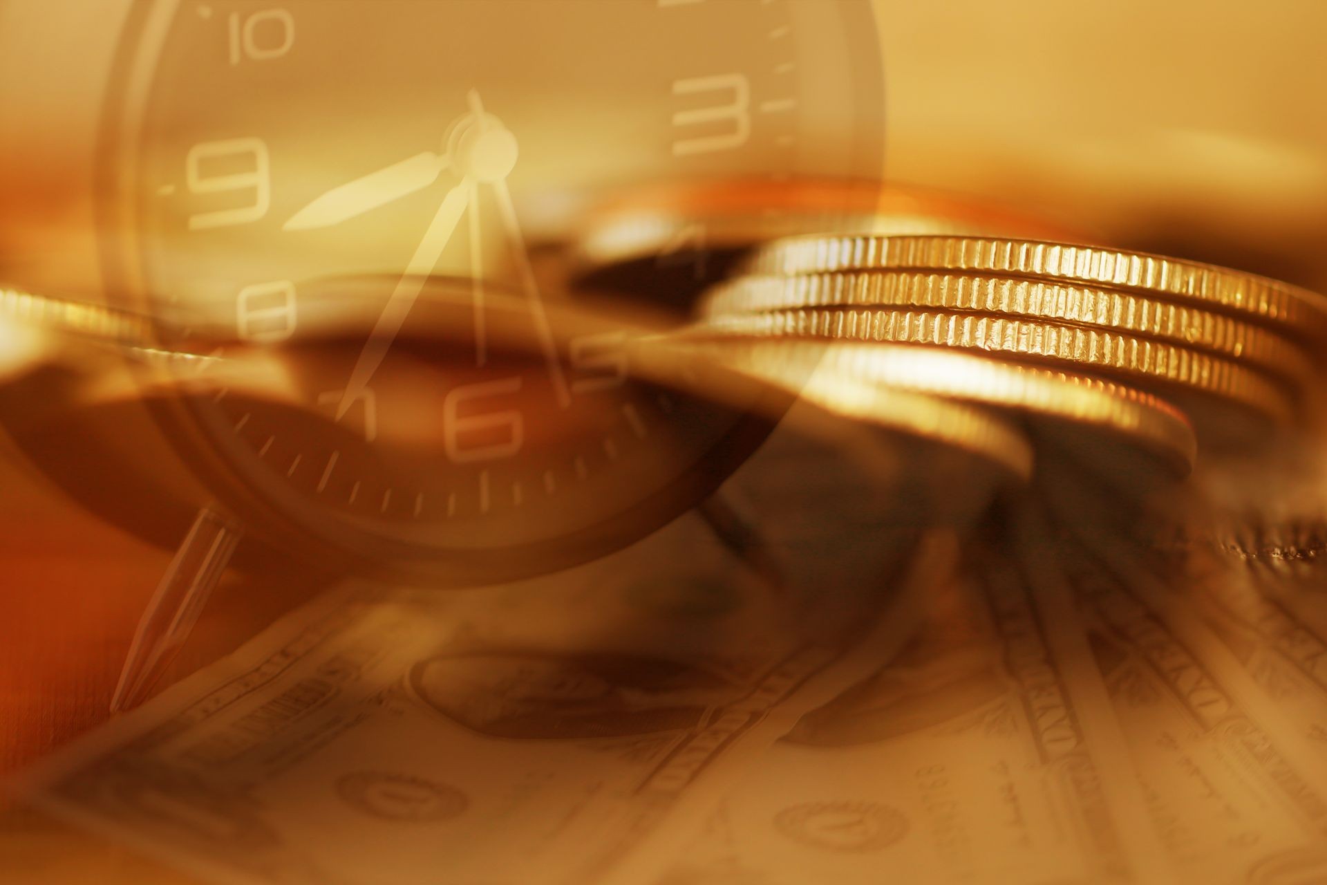 Double exposure Rows of coins of Clock,cash,money, dallar on the table,finance and business concept,Tex time soft focus and blurred style,dark tone.