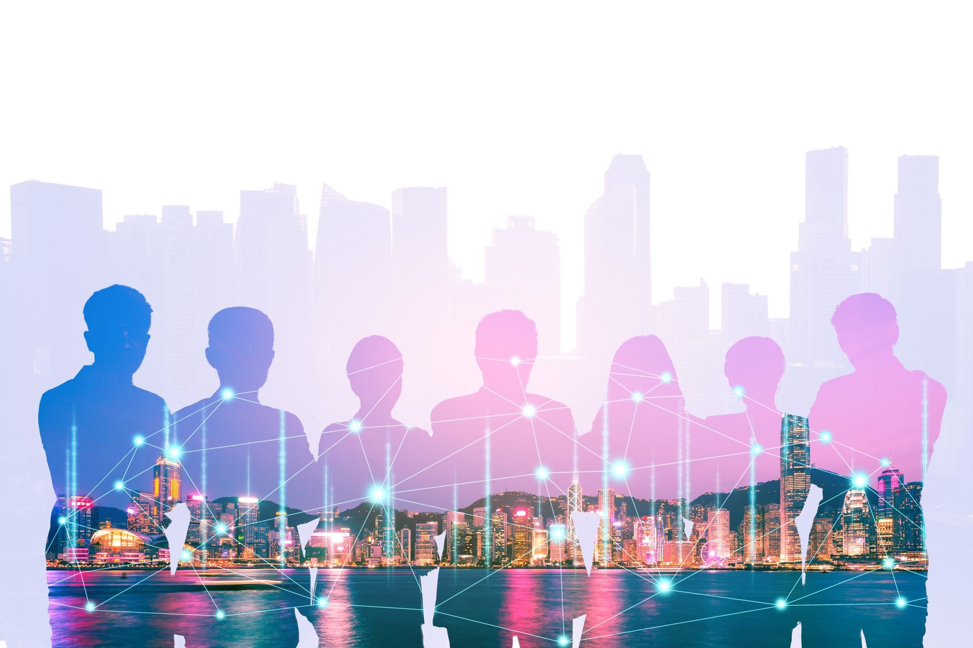 Professional teamwork and network connection technology concept, Double exposure of Business teamwork with digital graphic against city night background in meeting